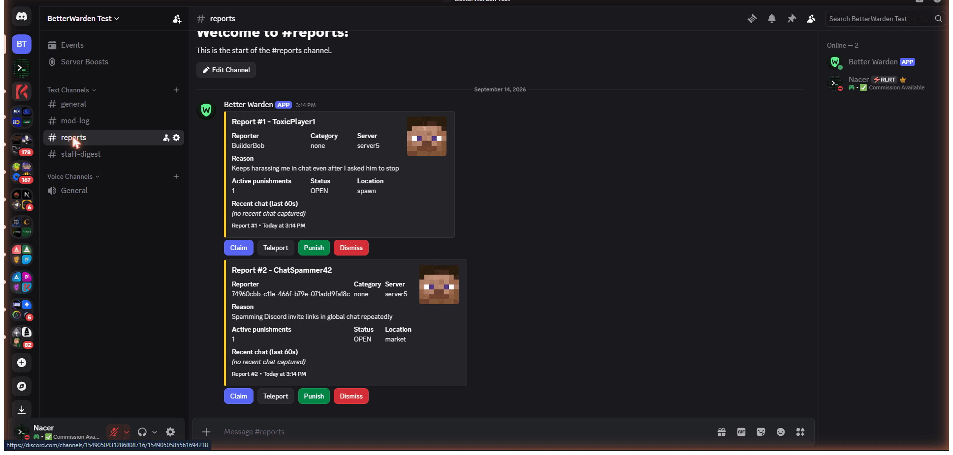 Discord — live reports feed