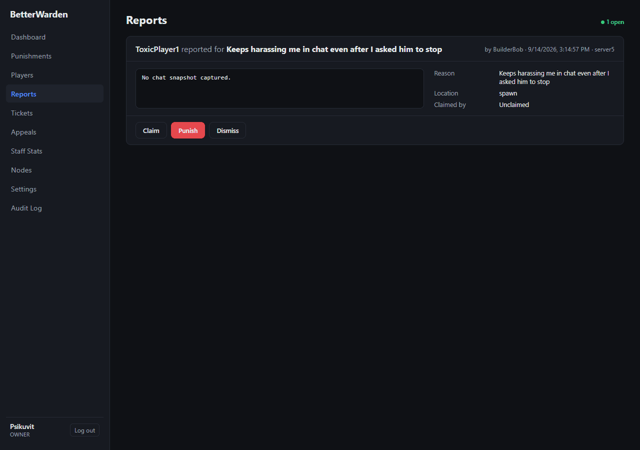 Web panel — reports queue