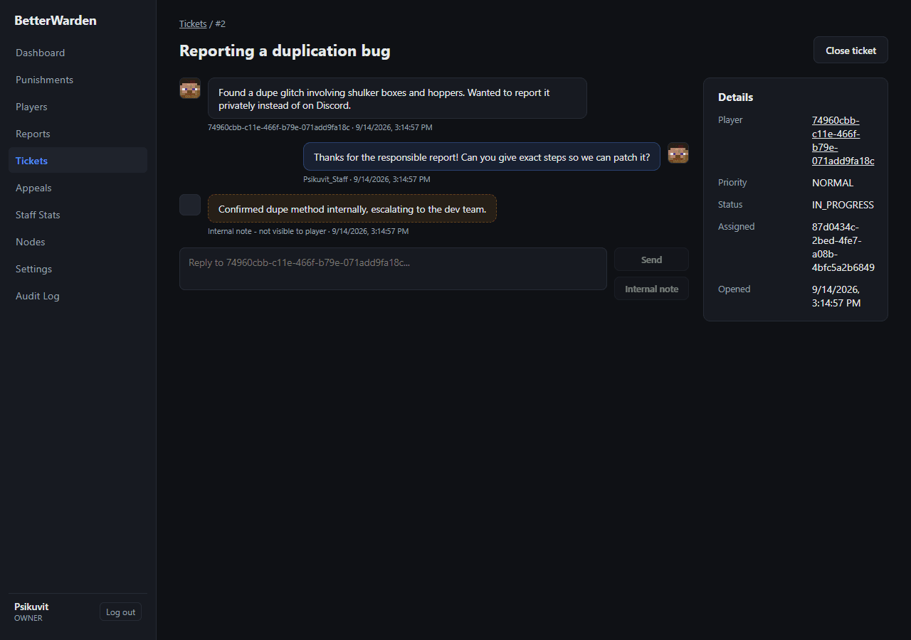 Web panel — ticket thread